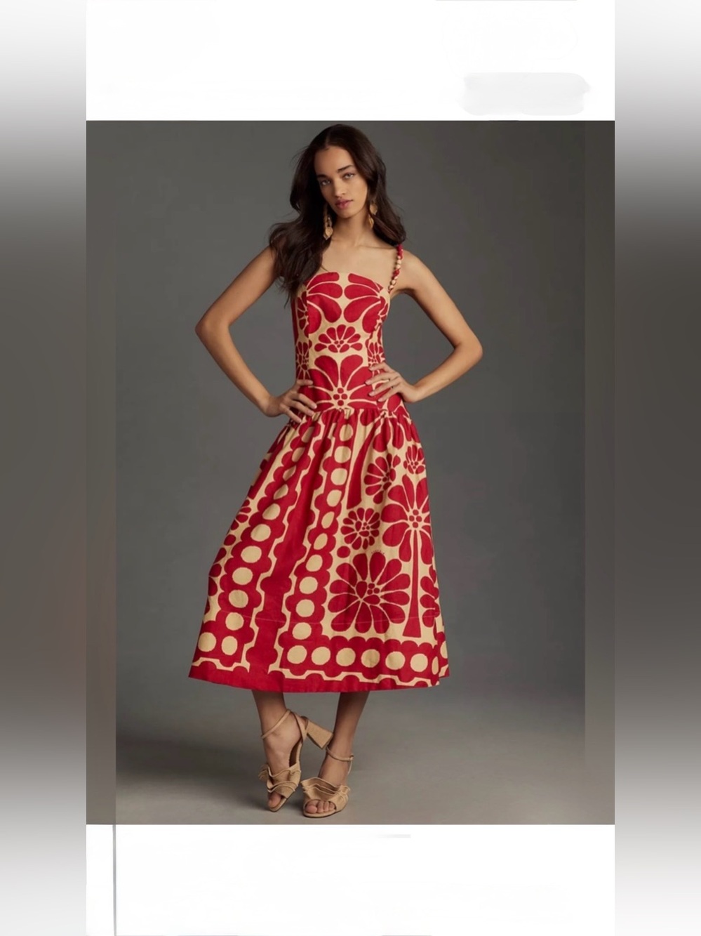 FARM Rio Red and Cream Floral Midi Dress